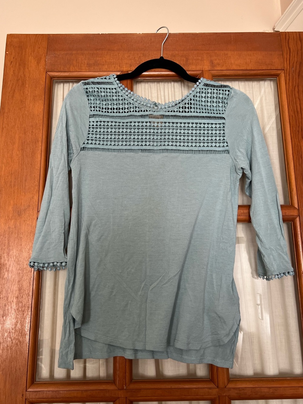 Light Blue Blouse with Crochet Neckline